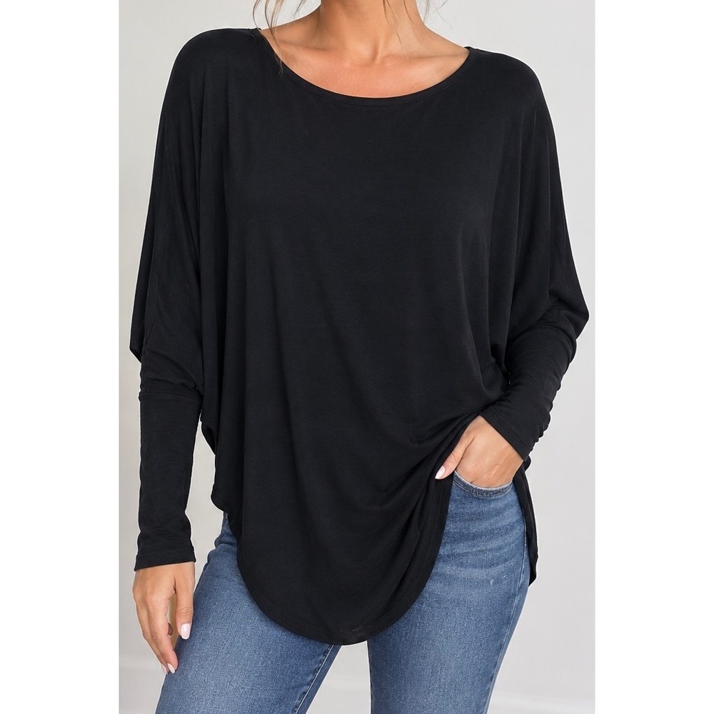 Black Dolman Sleeve Tunic Top Womens Small Batwing Rayon Blend